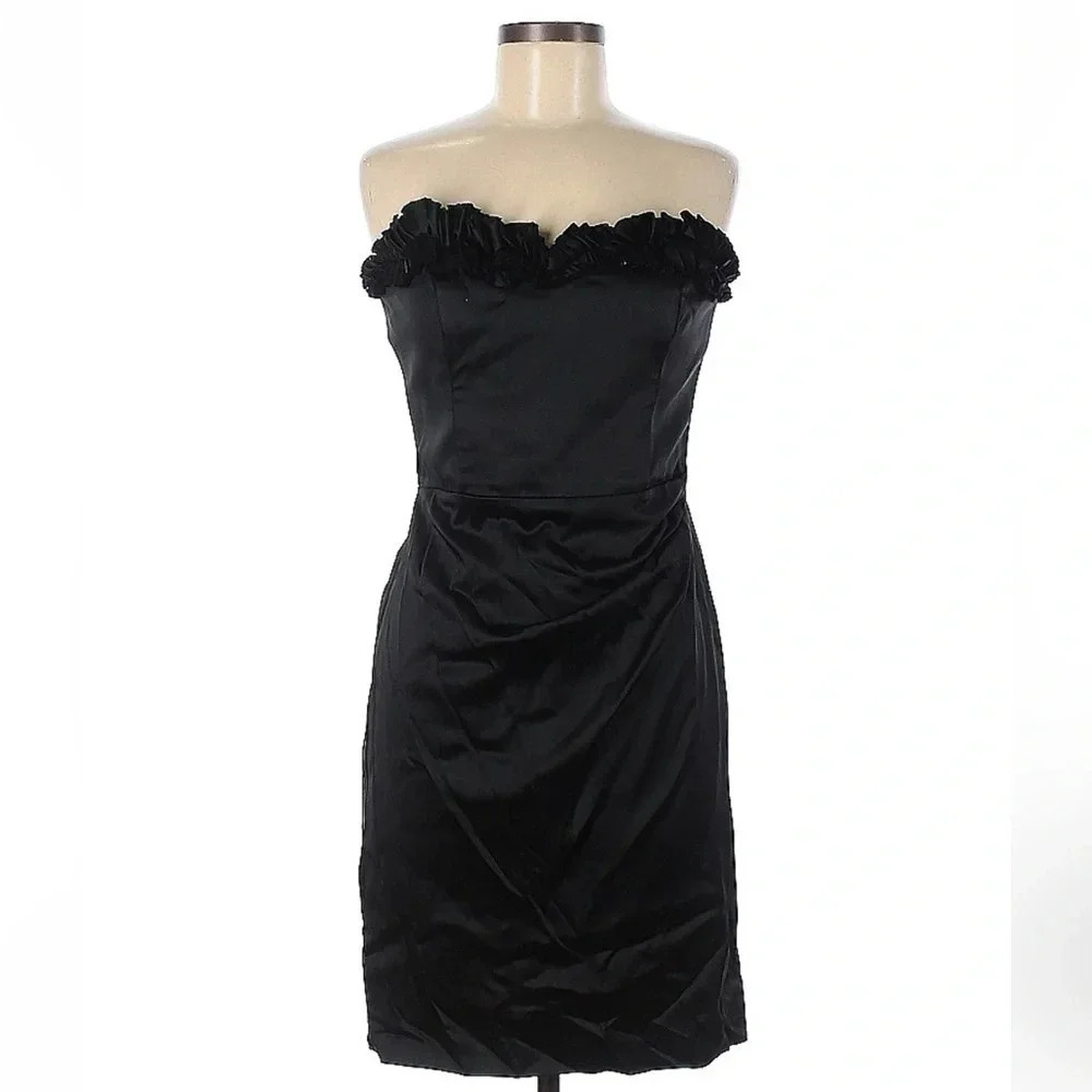 White House Black Market | Black Satin Ruffled Strapless Dress Size 8 Medium M - Picture 2 of 3